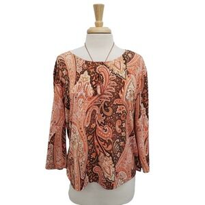 Brittany Black Brown Paisley Metallic Sequin Blouse Top Boho Retro M Fall Earthy